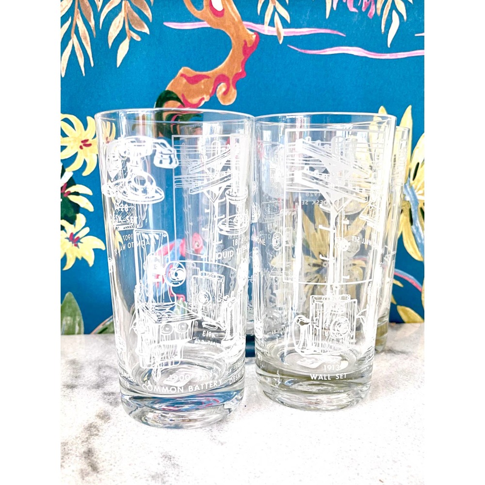 Vintage Tall Cocktail Glasses. History of the Telephone. Set of 4.